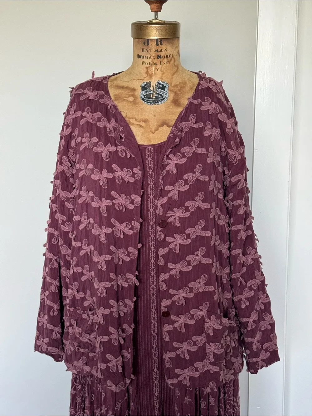 Johnny Was Burgundy Plissé Mesh Embroidered Maxi Dress & Matching Jacket Set S/L